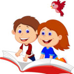 Boy and girl flying on a book